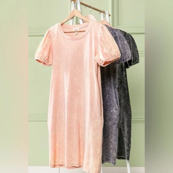 BiBi Pink Puff Sleeve Mineral Wash Dress - Picture 5 of 9